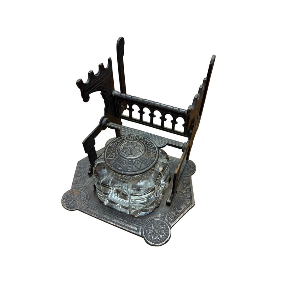 VICTORIAN EASTLAKE MOVEMENT 1879 CAST IRON GLASS INKWELL PAPER PEN HOLDER